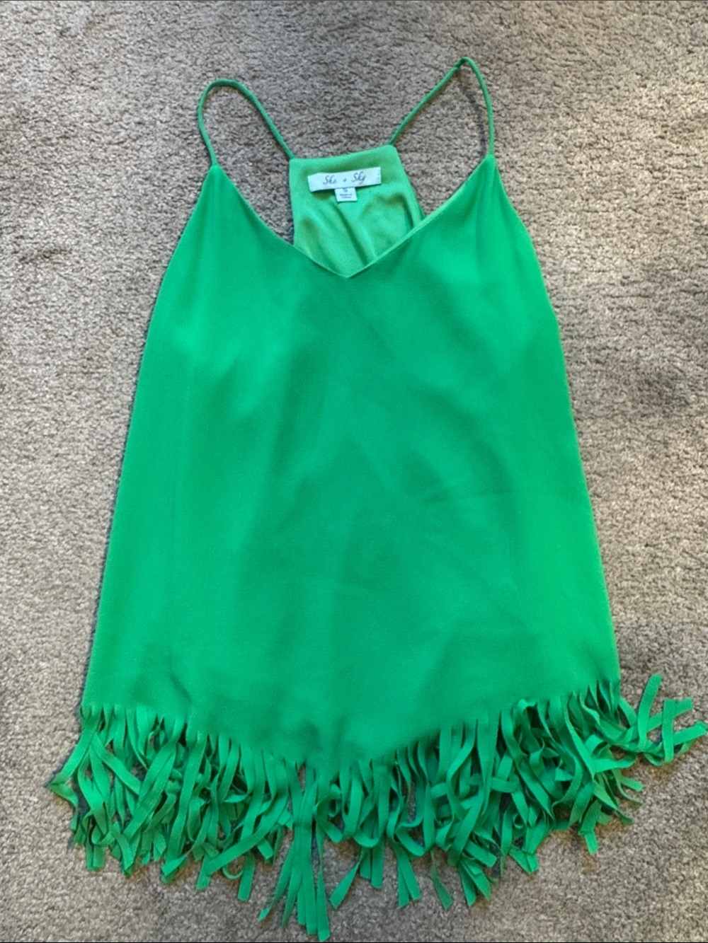 She + Sky Bright Green V-Neck Fringe Camisole